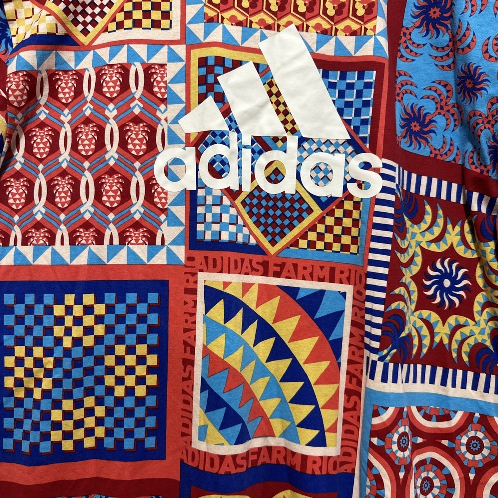 ADIDAS x FARM RIO T-Shirt Dress Size L Red Orange Kaleidoscope Street Wear Boho - Picture 7 of 13